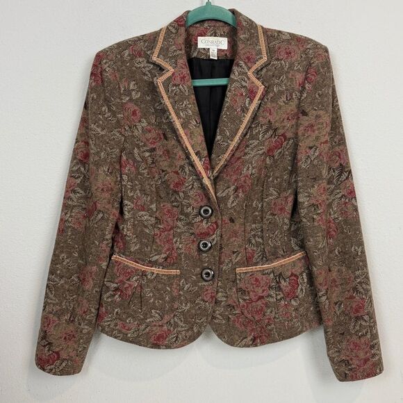 Conrad C Collection Y2K Cottagecore Floral Tapestry Blazer Velvet Ribbon Trim 10 - Picture 1 of 9